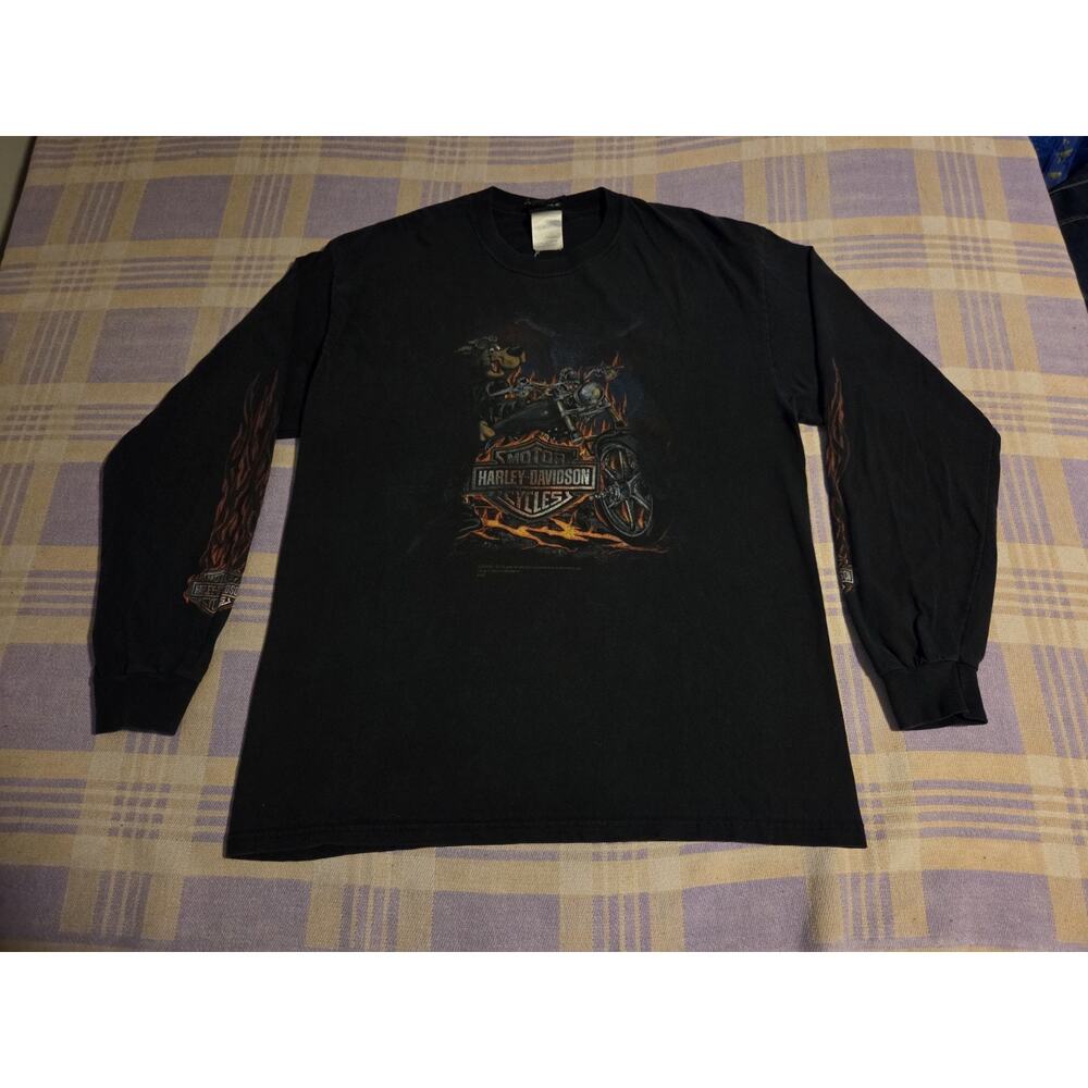 Scooby-Doo Harley Davidson 2010 Rare Long Sleeve Shirt Large Vintage Flame Fire